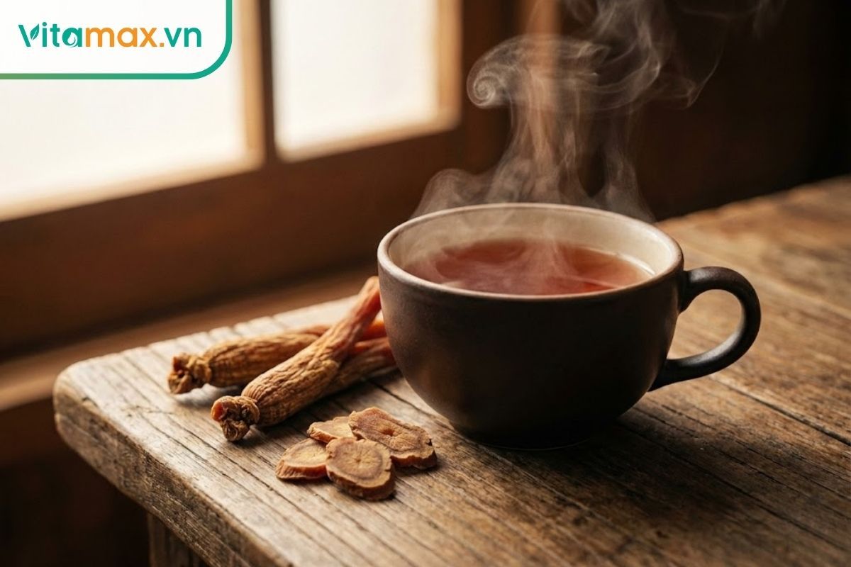Ly trà hồng sâm nóng hổi bốc khói bên cạnh củ sâm khô Hàn Quốc 6 năm tuổi.