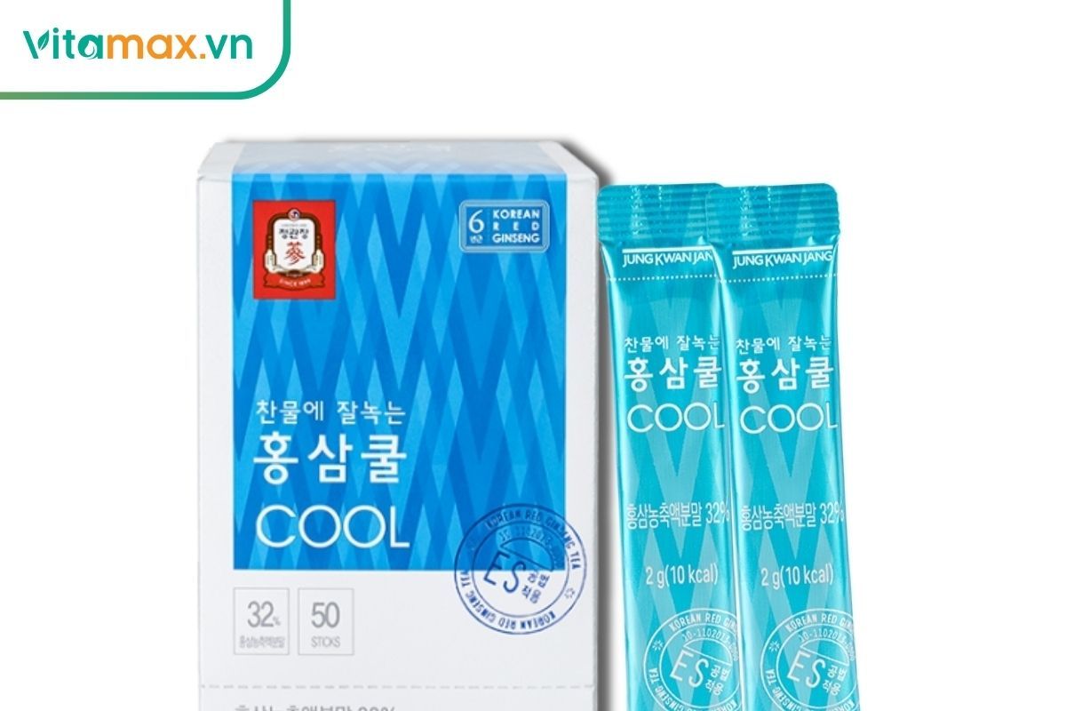 Hộp và gói trà hồng sâm KGC Cheong Kwan Jang Cool dạng stick chính hãng.