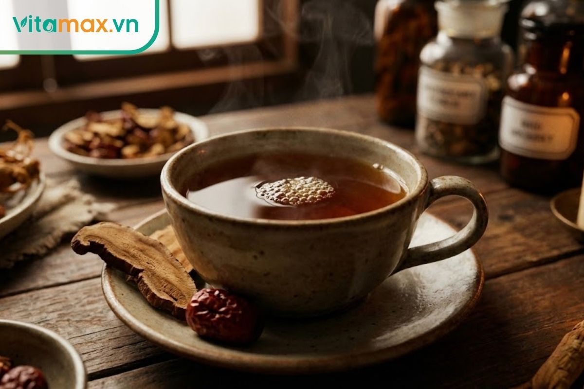 trà hồng sâm linh chi táo đỏ màu nâu hổ phách trong tách sứ