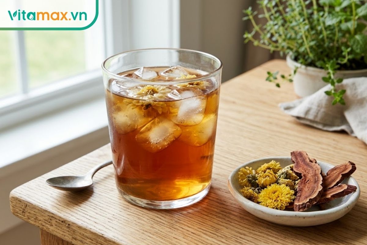Ly trà linh chi hoa cúc màu hổ phách với đá trong, hoa cúc khô và vài lát nấm linh chi đặt cạnh trên bàn.