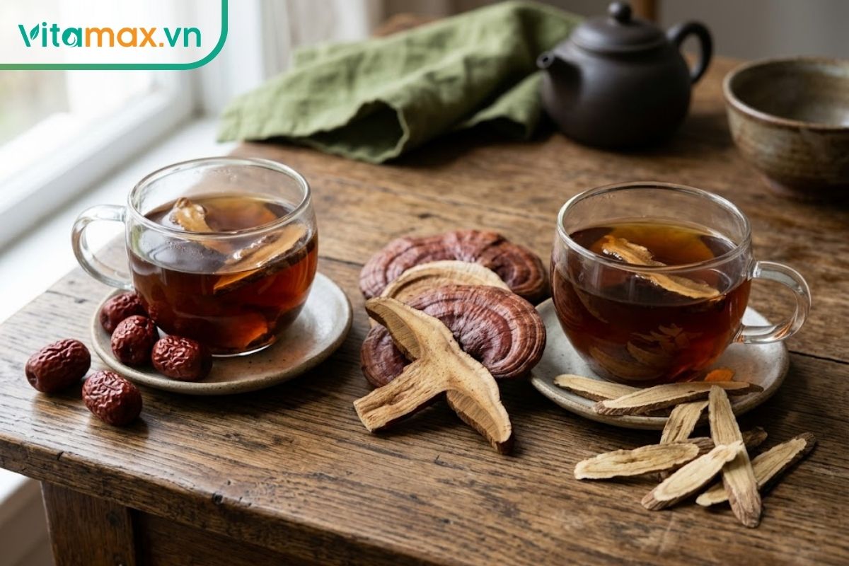 Hai ly trà linh chi đặt cạnh táo đỏ và cam thảo, minh họa hai cách làm dịu vị đắng bằng nguyên liệu tự nhiên.