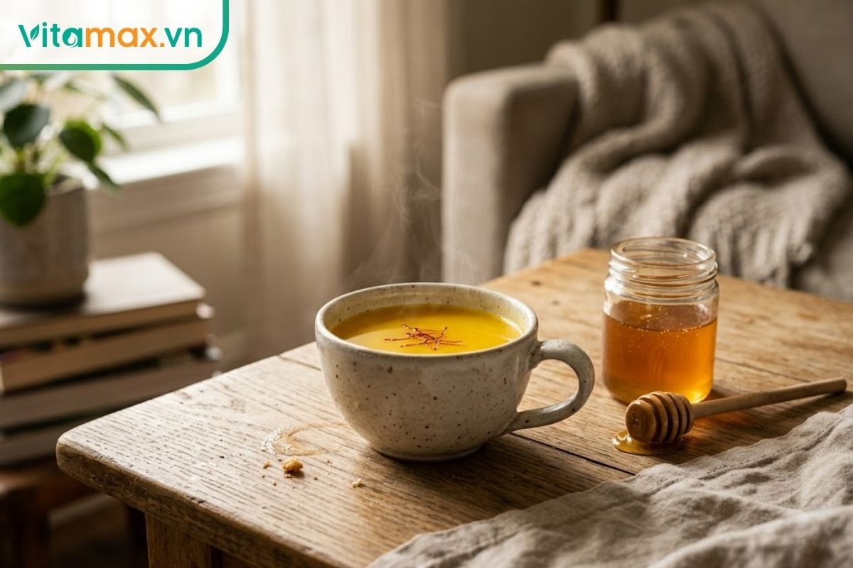 Một tách trà nhụy hoa nghệ tây ấm nóng pha cùng mật ong tự nhiên, đặt trên bàn gỗ, thích hợp làm thức uống chăm sóc sức khỏe hàng ngày.