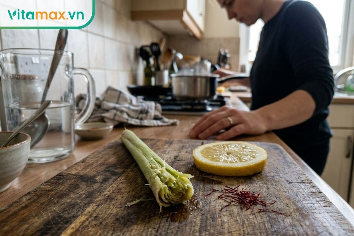 Cận cảnh thao tác chuẩn bị nguyên liệu gồm sả tươi đập dập và lát chanh để hãm cùng sợi saffron tạo thức uống detox.