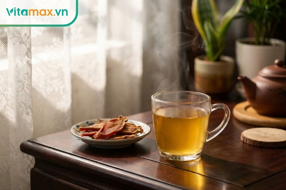 ly trà sâm hàn quốc nóng hổi bên cạnh củ sâm khô trên bàn gỗ phong cách đông y