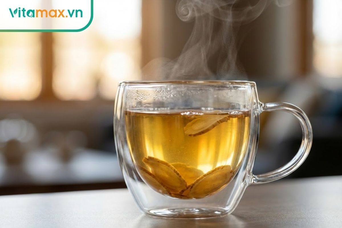 Ly trà sâm khô nóng hổi bốc khói nhẹ bên cửa sổ.