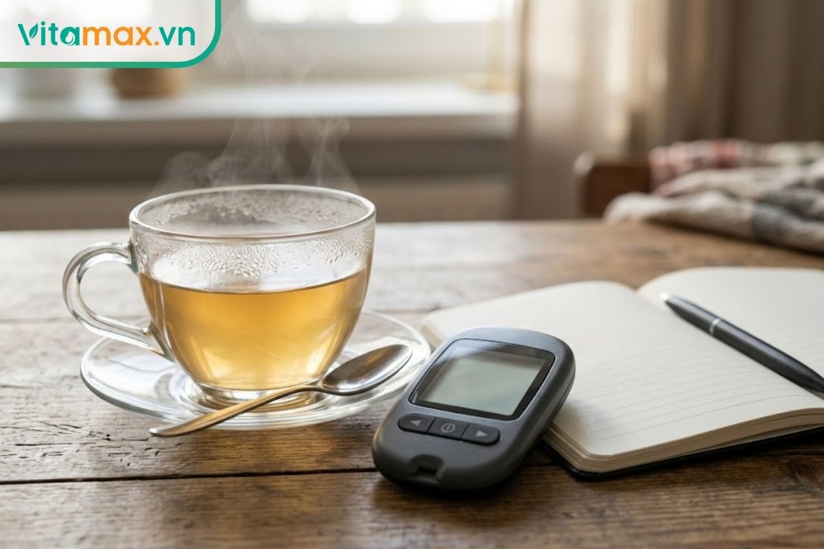 Cận cảnh một ly trà sâm màu vàng nhạt đang bốc khói nhẹ đặt trên bàn gỗ, bên cạnh là một bộ máy đo đường huyết cá nhân thông thường trong không gian phòng khách gia đình.