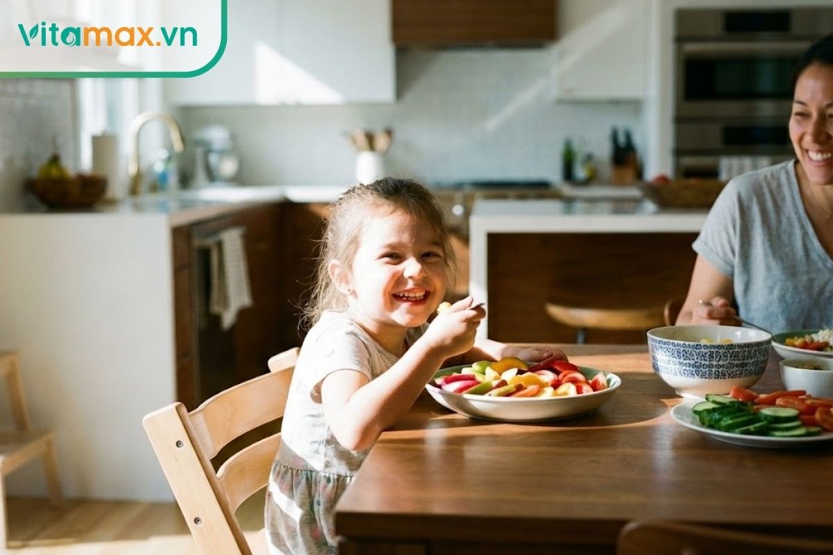 trẻ 3-5 tuổi đang ăn uống ngon miệng với bữa ăn lành mạnh, thể hiện khả năng hấp thu tốt