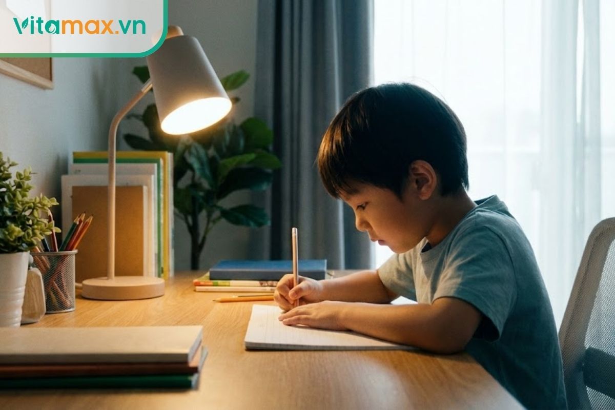 học sinh tiểu học đang tập trung làm bài tập trên bàn học với sách vở, tượng trưng cho sự tập trung