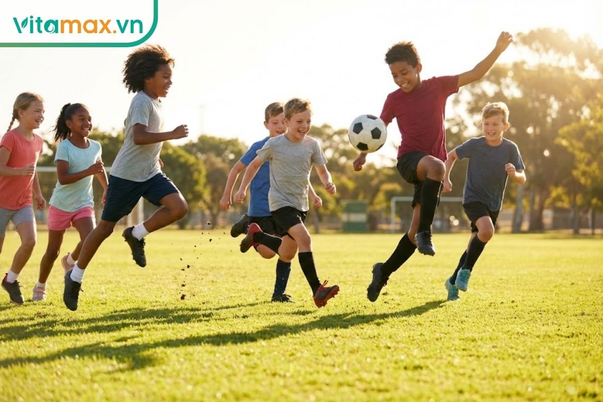 trẻ 8-12 tuổi đang hoạt động thể thao ngoài trời, thể hiện sức bền và năng lượng