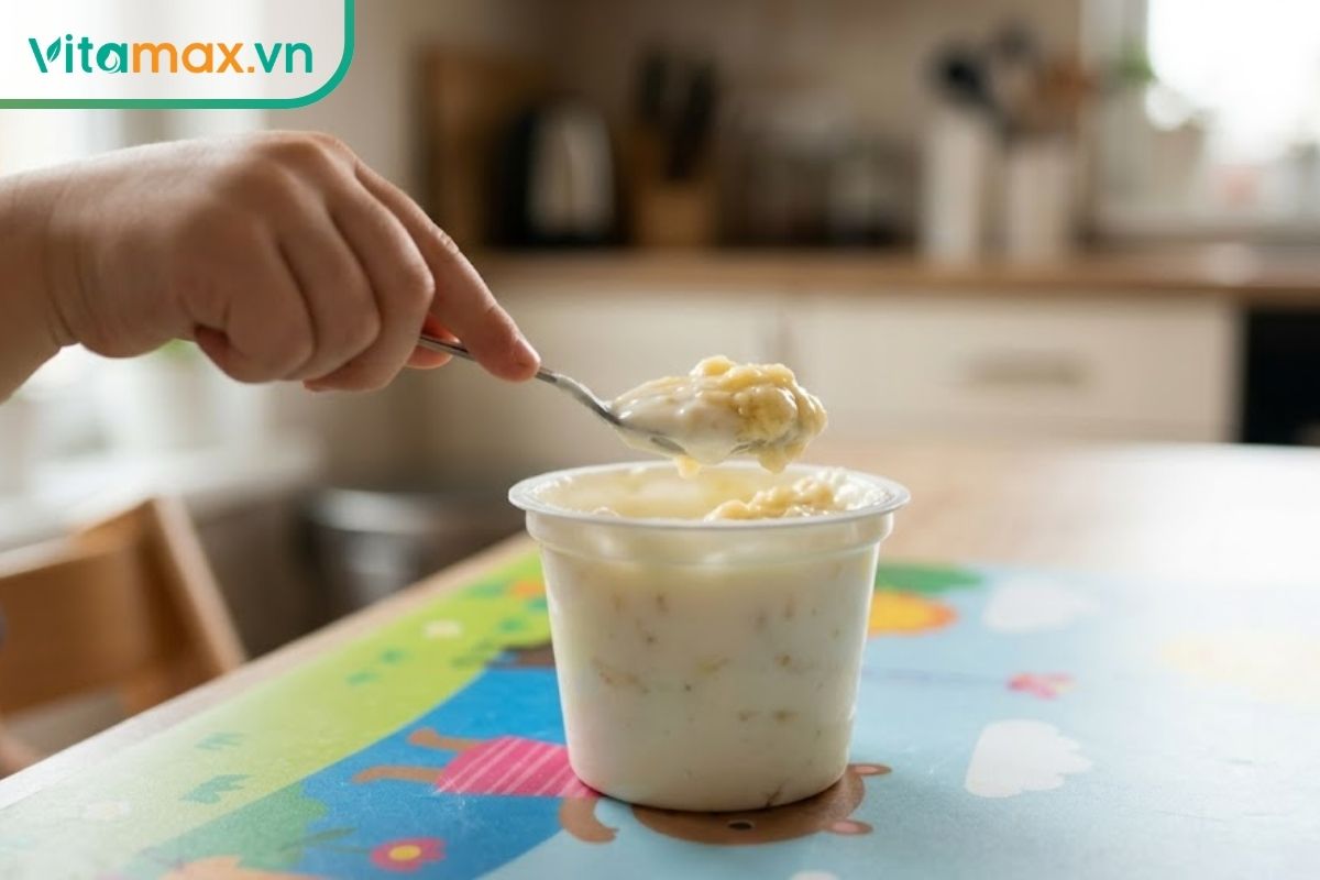 Cận cảnh đôi bàn tay nhỏ nhắn của em bé cầm thìa xúc sữa chua trắng mịn mixed với vài miếng chuối chín nghiền trong bát silicon, bối cảnh bếp ăn gia đình sáng sủa.