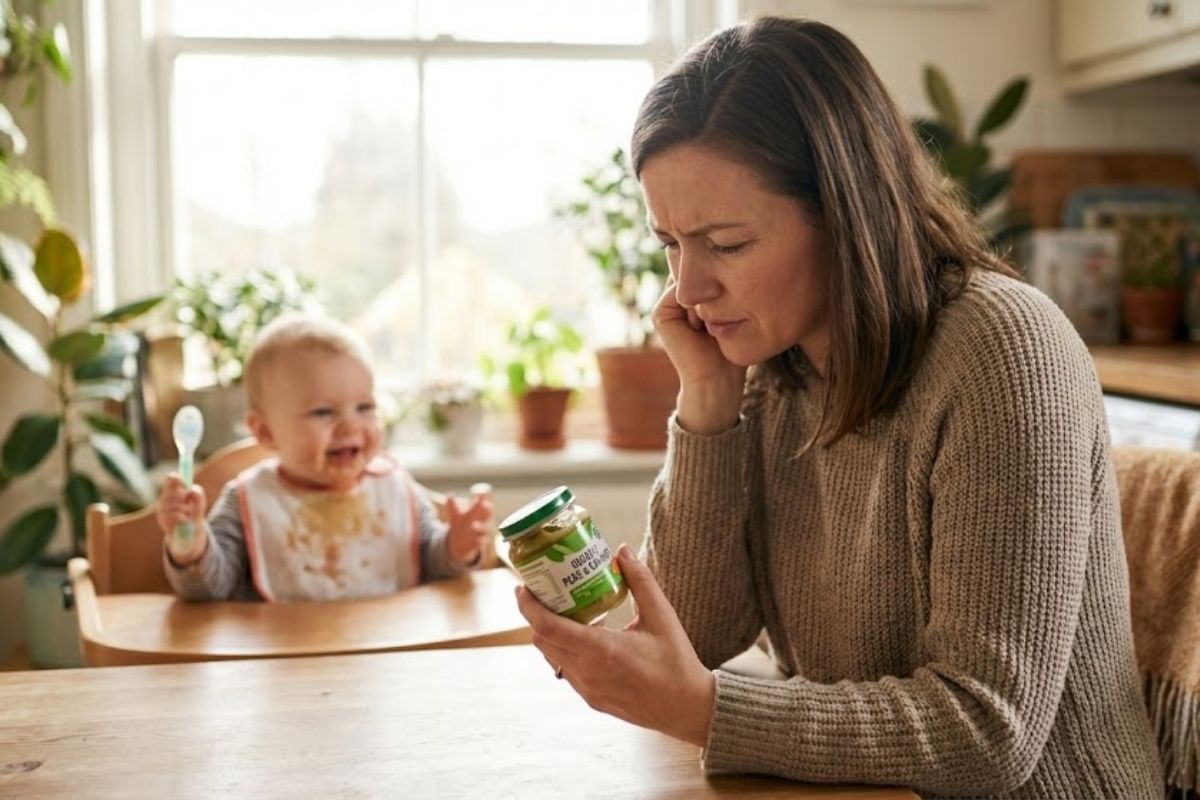 Người mẹ đang cẩn thận kiểm tra thành phần trên nhãn lọ thực phẩm cho bé, đảm bảo không chứa mật ong.