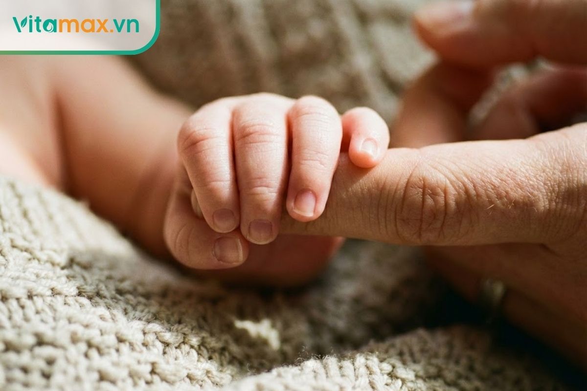 cận cảnh bàn tay em bé sơ sinh đang nắm ngón tay người lớn, tượng trưng cho sự non nớt