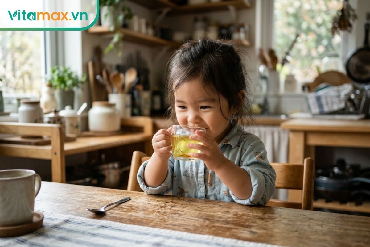 Bé gái nhỏ vui vẻ uống cốc nước nhụy hoa nghệ tây pha loãng màu vàng nhạt tại nhà.