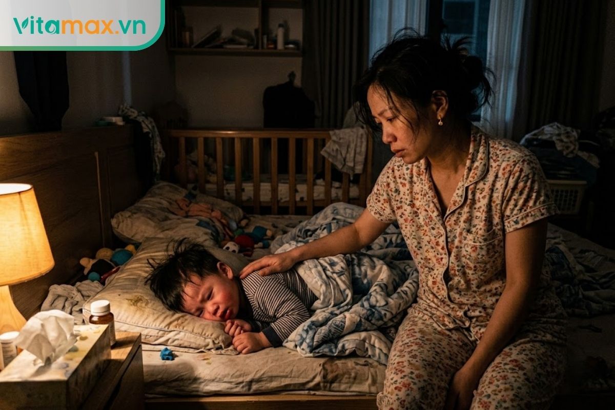 Mẹ đang vỗ về chăm sóc trẻ bị ho khan về đêm gây mất ngủ.