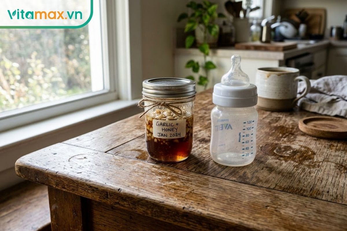 Một hũ mật ong tỏi đặt cạnh bình sữa của trẻ sơ sinh trên bàn gỗ, minh họa trực quan cho việc tuyệt đối không dùng mật ong cho trẻ dưới 1 tuổi.