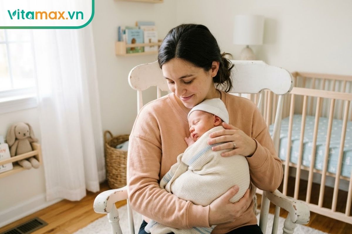 Một người mẹ đang dịu dàng bế và chăm sóc em bé sơ sinh trong không gian phòng ngủ sáng sủa, sạch sẽ.