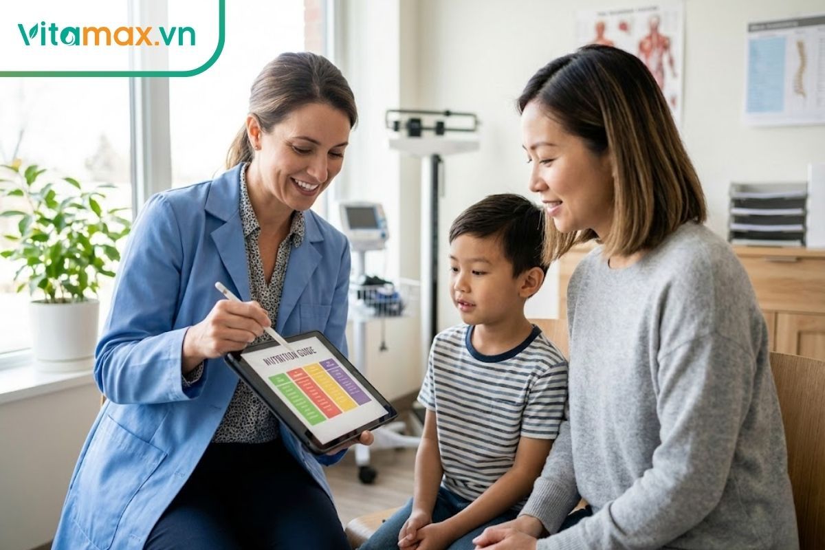 Bác sĩ nhi khoa đang tư vấn cho mẹ và bé, giải đáp thắc mắc trẻ uống hồng sâm có bị dậy thì sớm không.