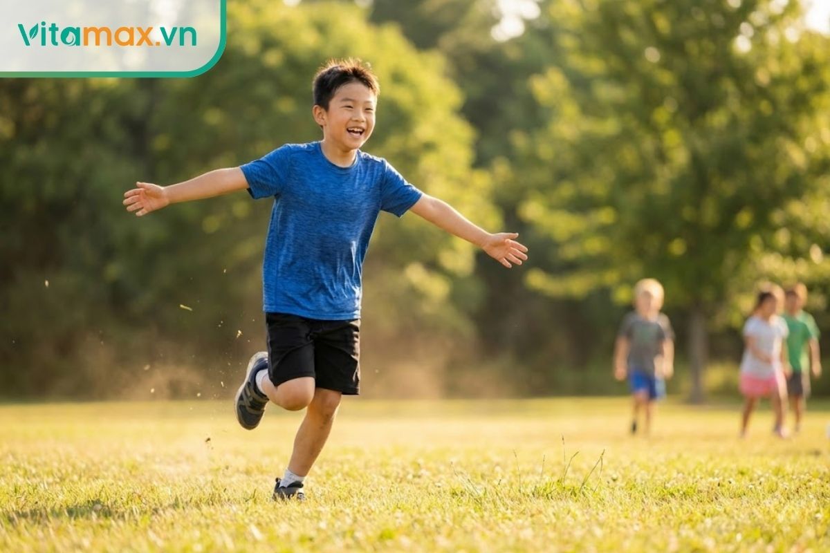 Bé trai châu Á vận động thể thao khỏe mạnh dưới nắng, minh chứng cho việc trẻ uống hồng sâm có bị dậy thì sớm không phụ thuộc vào cách dùng và lối sống.