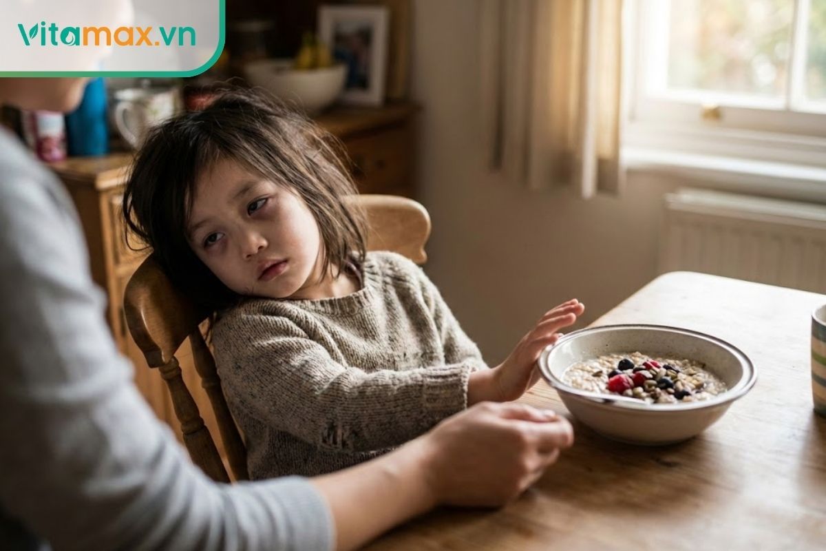 Bé trai châu Á biếng ăn và mệt mỏi; cha mẹ lo lắng trẻ uống hồng sâm có bị dậy thì sớm không khi muốn tẩm bổ.