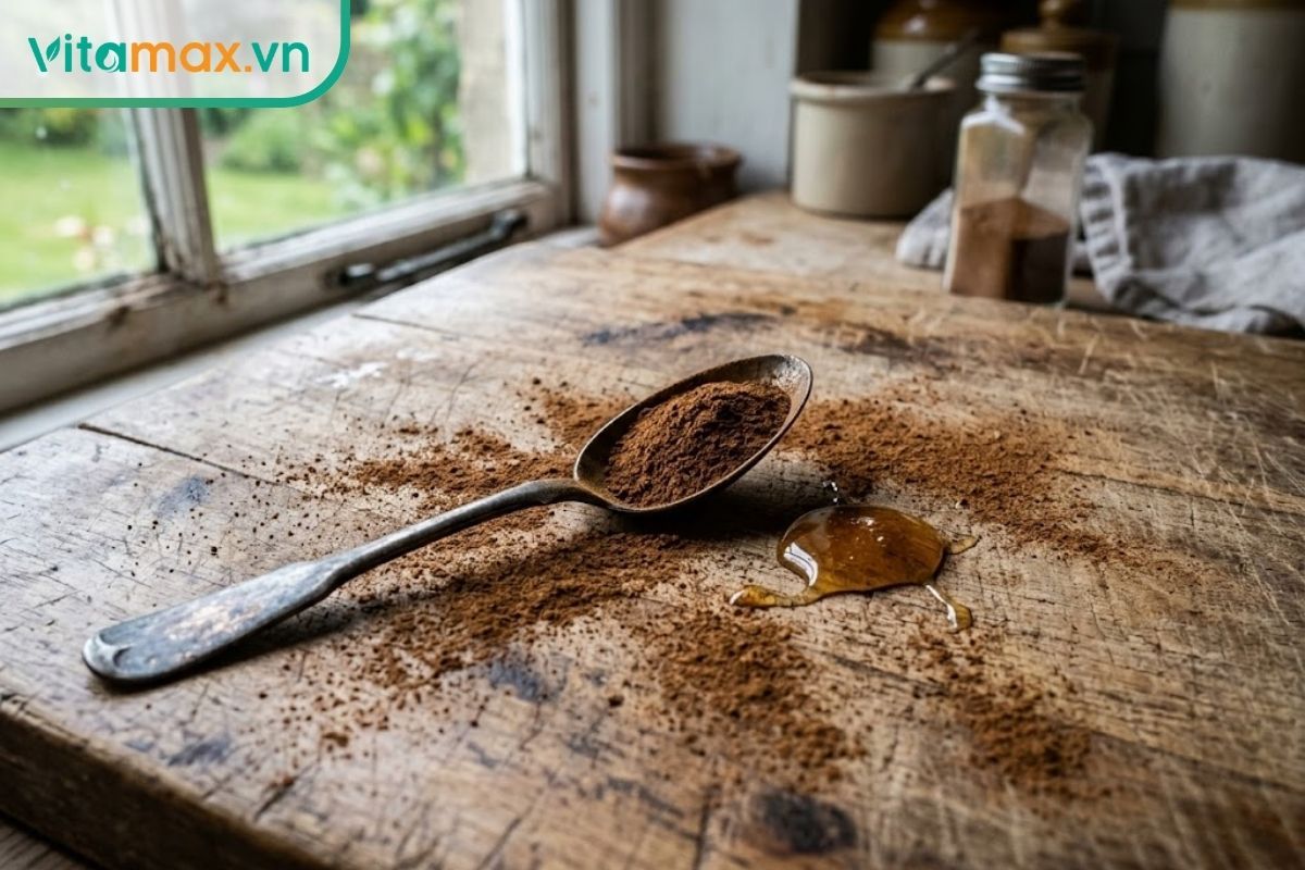 Thìa bột quế nguyên chất đặt cạnh hũ mật ong, sự kết hợp giúp mang lại hơi thở thơm mát.