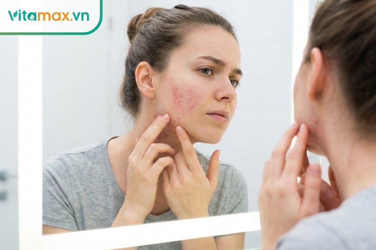Một người phụ nữ đang soi gương kiểm tra các vết mẩn đỏ và mề đay trên vùng má và cổ do dị ứng.