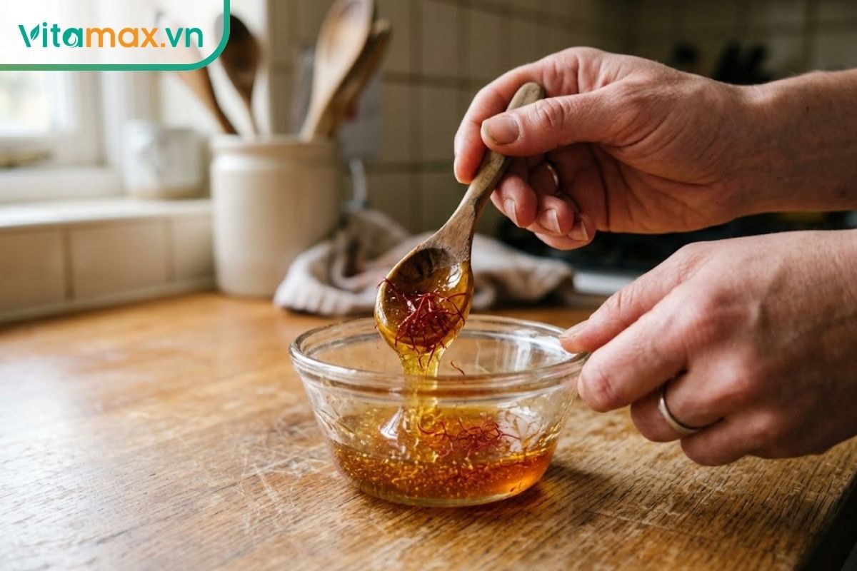 Bàn tay đang dùng chiếc thìa gỗ nhỏ để khuấy đều hỗn hợp mật ong nguyên chất và nhụy hoa nghệ tây trong một chiếc bát thủy tinh nhỏ.