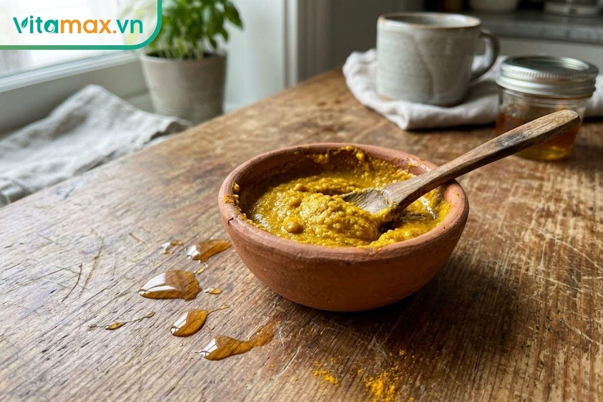 Hỗn hợp mặt nạ mật ong trị mụn và bột trà xanh được trộn đều trong bát nhỏ, tạo thành kết cấu sệt mịn dễ thoa.