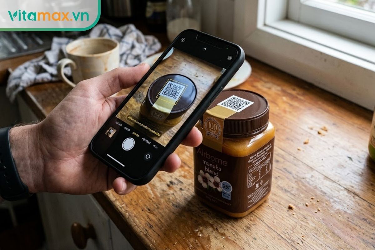 Khách hàng dùng điện thoại thông minh quét mã QR in trên nắp lọ mật ong Manuka để kiểm tra nguồn gốc, giấy chứng nhận và số lô sản xuất.