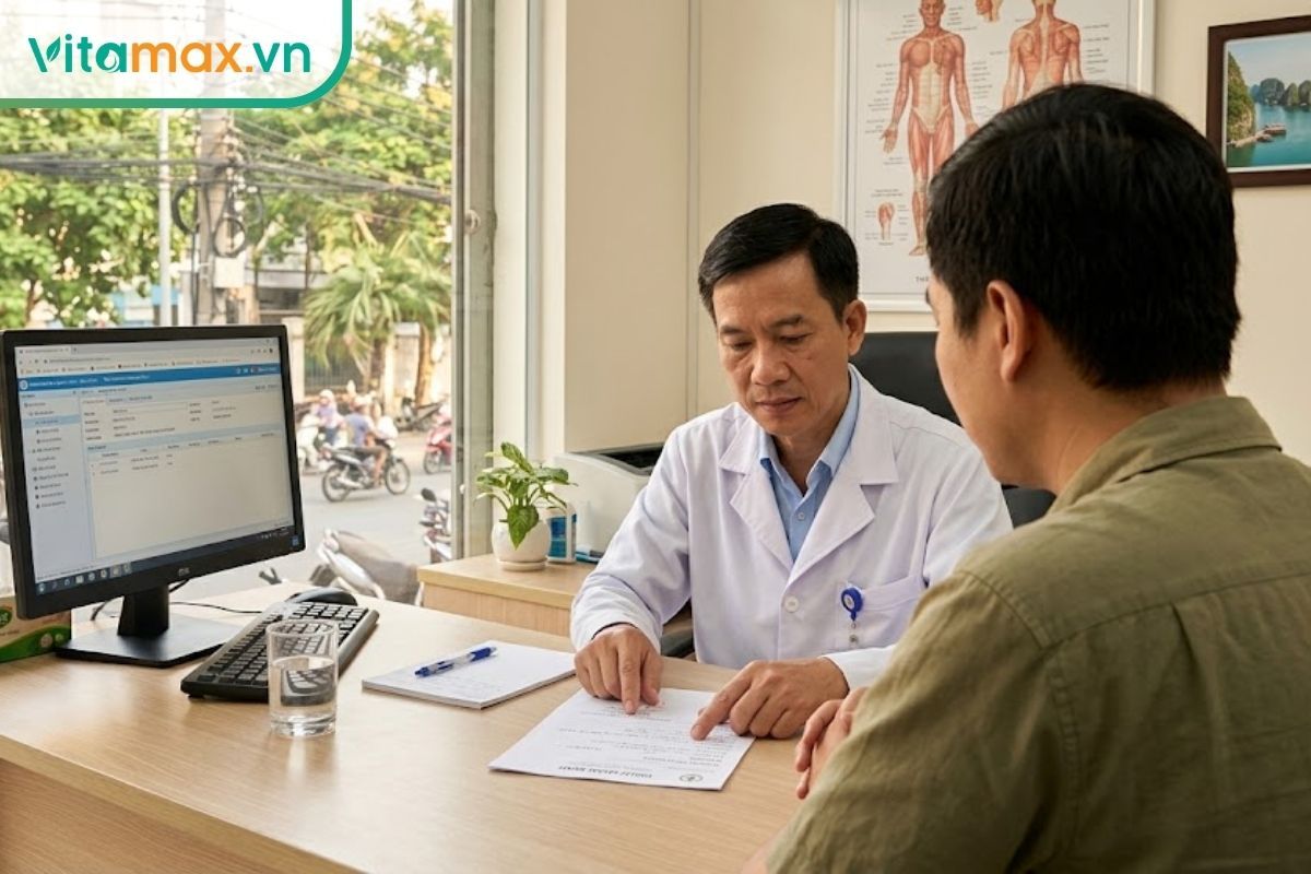 Bệnh nhân đang được bác sĩ chuyên khoa tư vấn tại phòng khám về việc sử dụng saffron khi có bệnh nền.