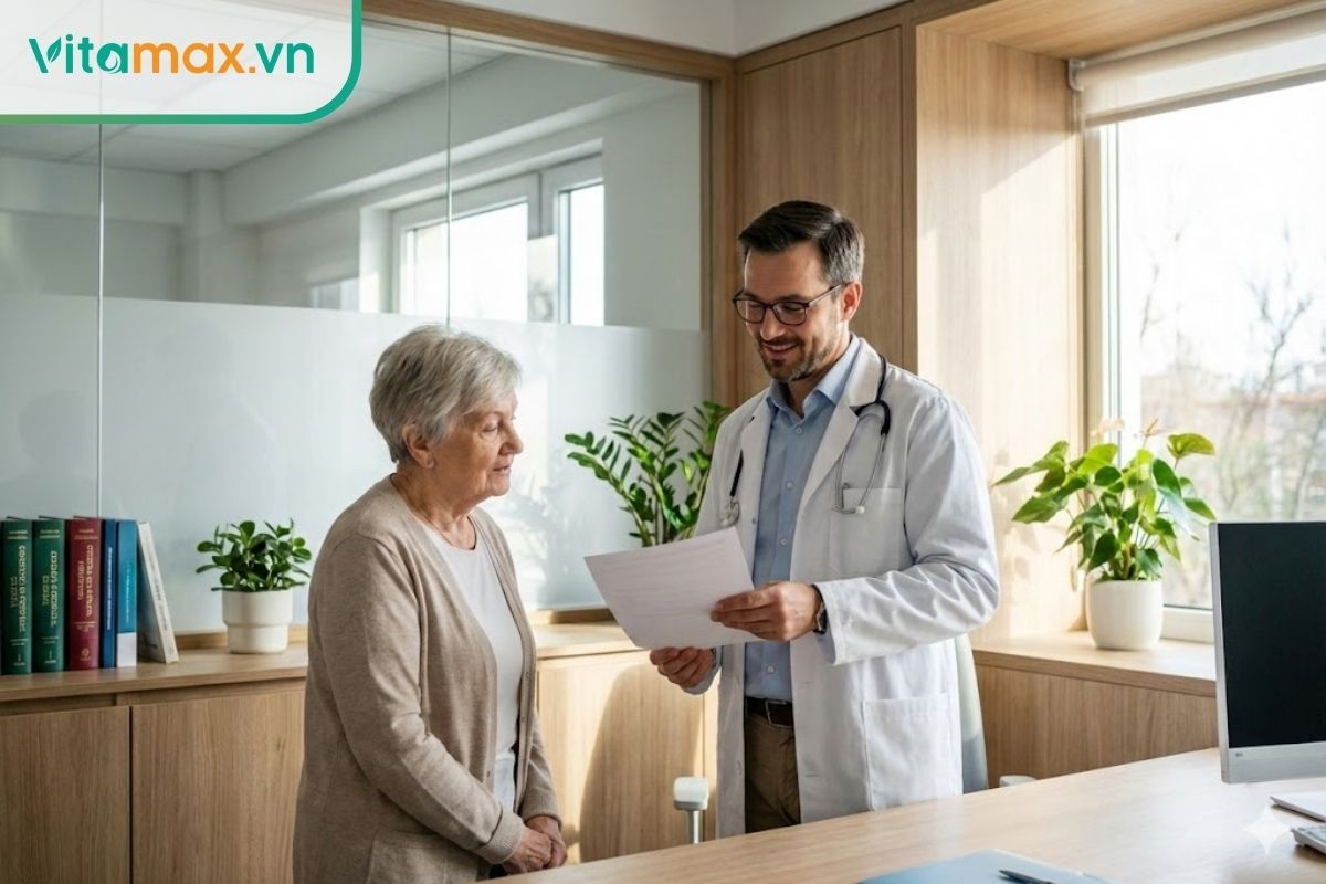 Bác sĩ tư vấn cho bệnh nhân lớn tuổi về liều lượng sử dụng hồng sâm.