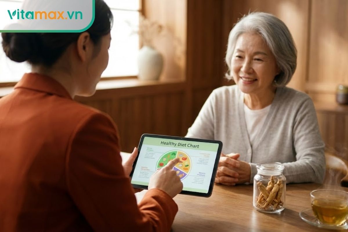 Chuyên gia dinh dưỡng đang tư vấn chế độ ăn uống phù hợp cho người cao tuổi