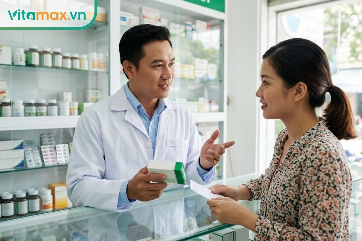 Bức ảnh chân thực ghi lại cảnh một phụ nữ đang chăm chú lắng nghe dược sĩ mặc áo blouse trắng tư vấn tại quầy thuốc sạch sẽ, sáng sủa.