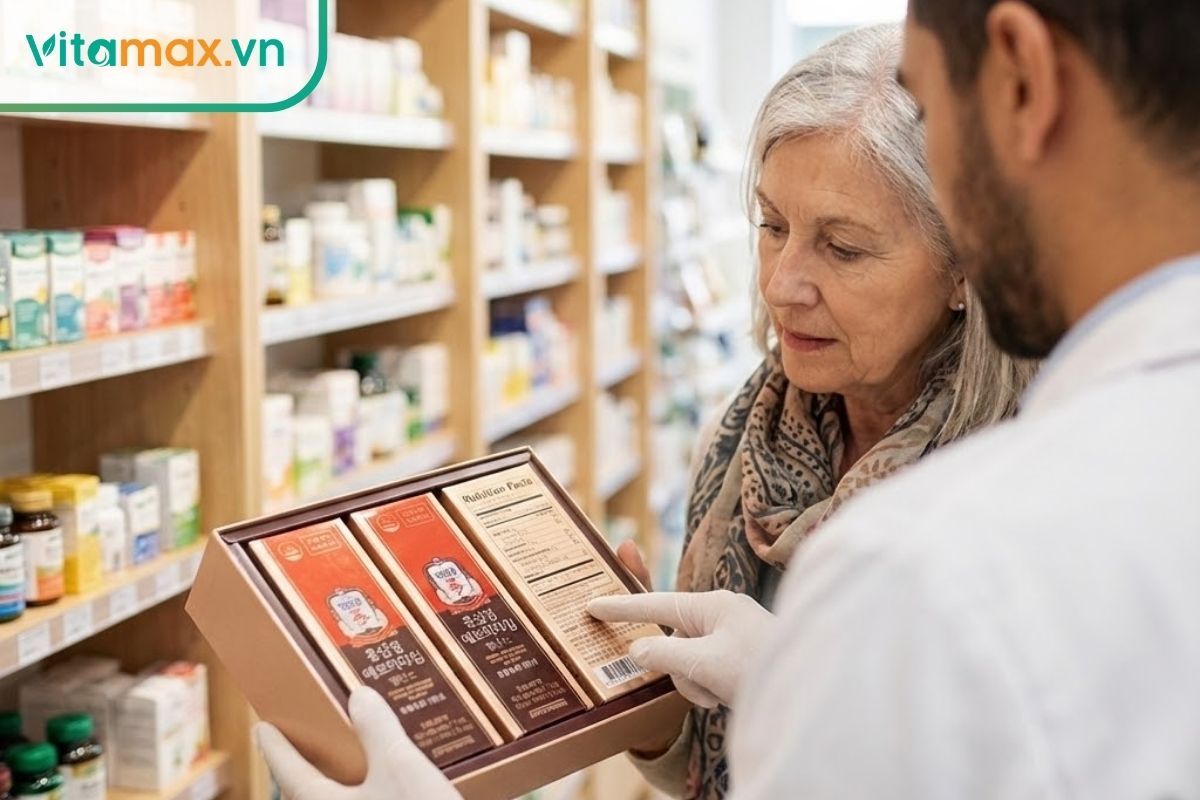 ược sĩ xem kỹ thành phần hộp hồng sâm trước khi đưa cho khách hàng