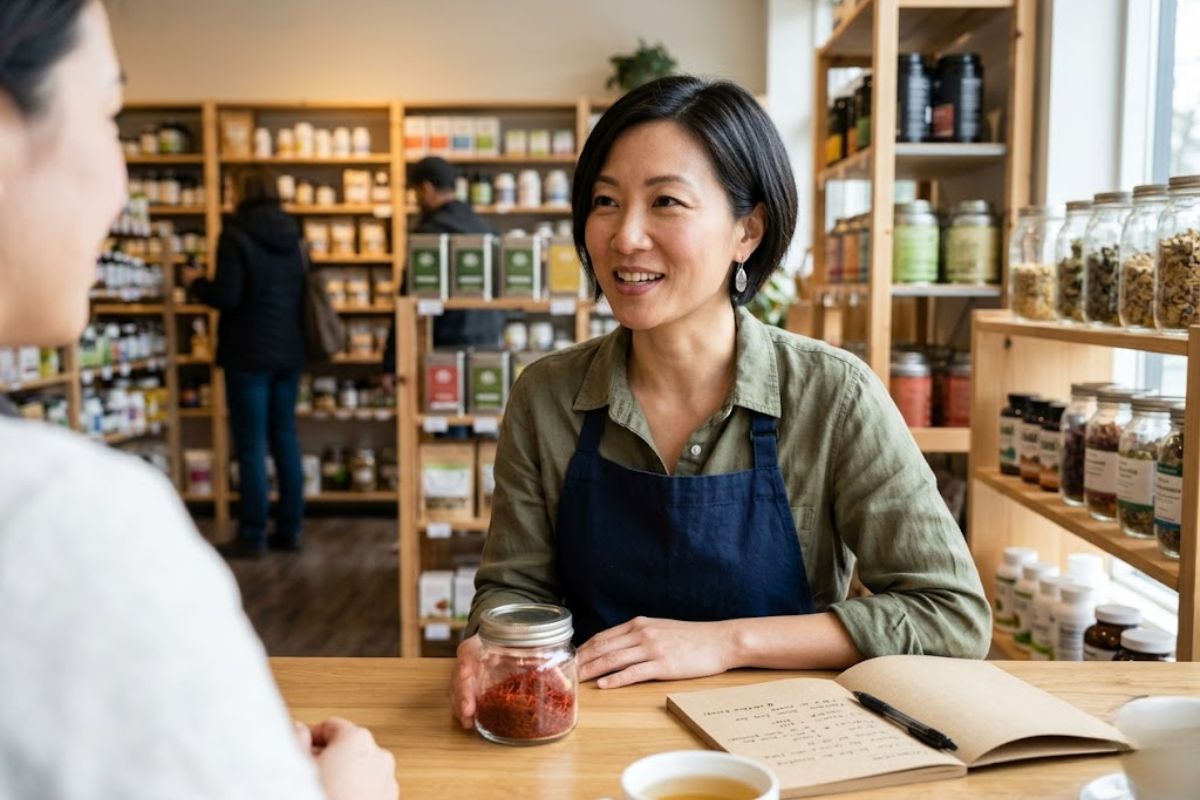 Chuyên gia sức khỏe đang tận tình tư vấn liều dùng nhụy hoa nghệ tây an toàn, phù hợp với cơ địa của khách hàng.