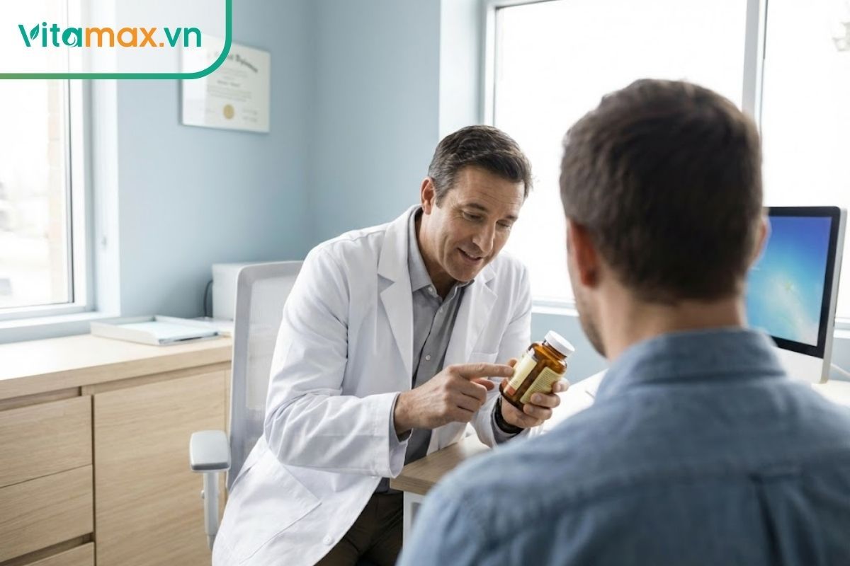Bác sĩ đang tư vấn kỹ lưỡng cho bệnh nhân nam về liều lượng và cách dùng thực phẩm chức năng