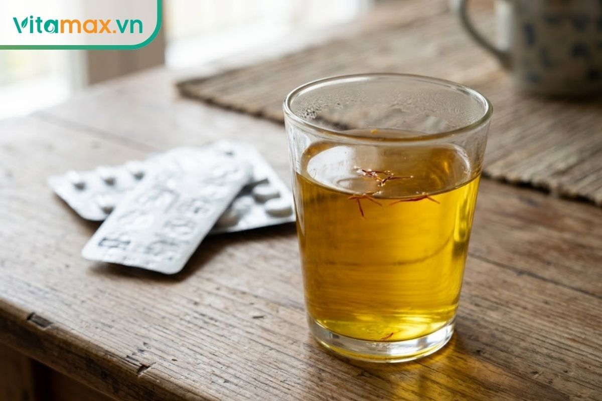 Ly nước saffron đặt trên bàn gỗ, phía sau là vài vỉ thuốc tây được làm mờ nhằm nhắc nhở người dùng cần cẩn trọng nếu đang sử dụng thuốc điều trị bệnh.
