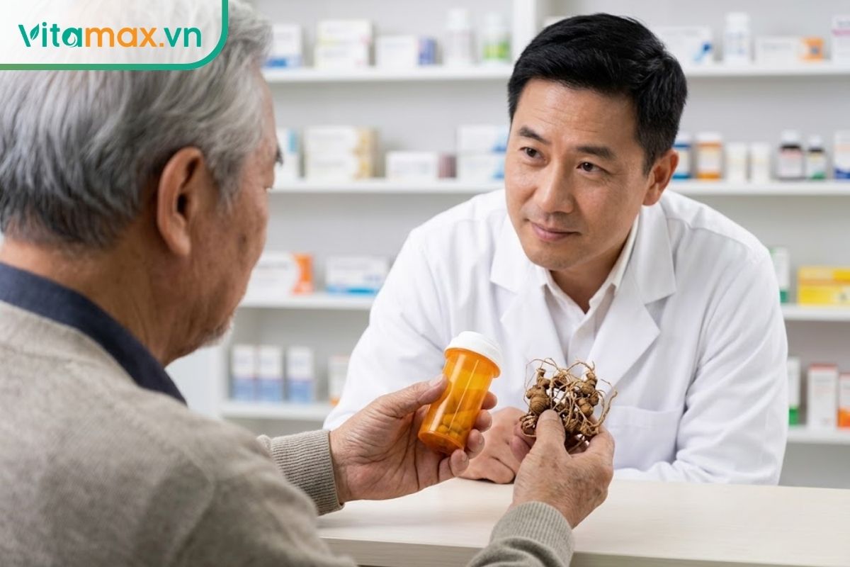 Một người đàn ông lớn tuổi đứng tại quầy thuốc, tay cầm một lọ thuốc kê đơn không nhãn mác và một hộp thực phẩm bổ sung, đang chăm chú hỏi ý kiến một nam dược sĩ mặc áo blouse trắng.