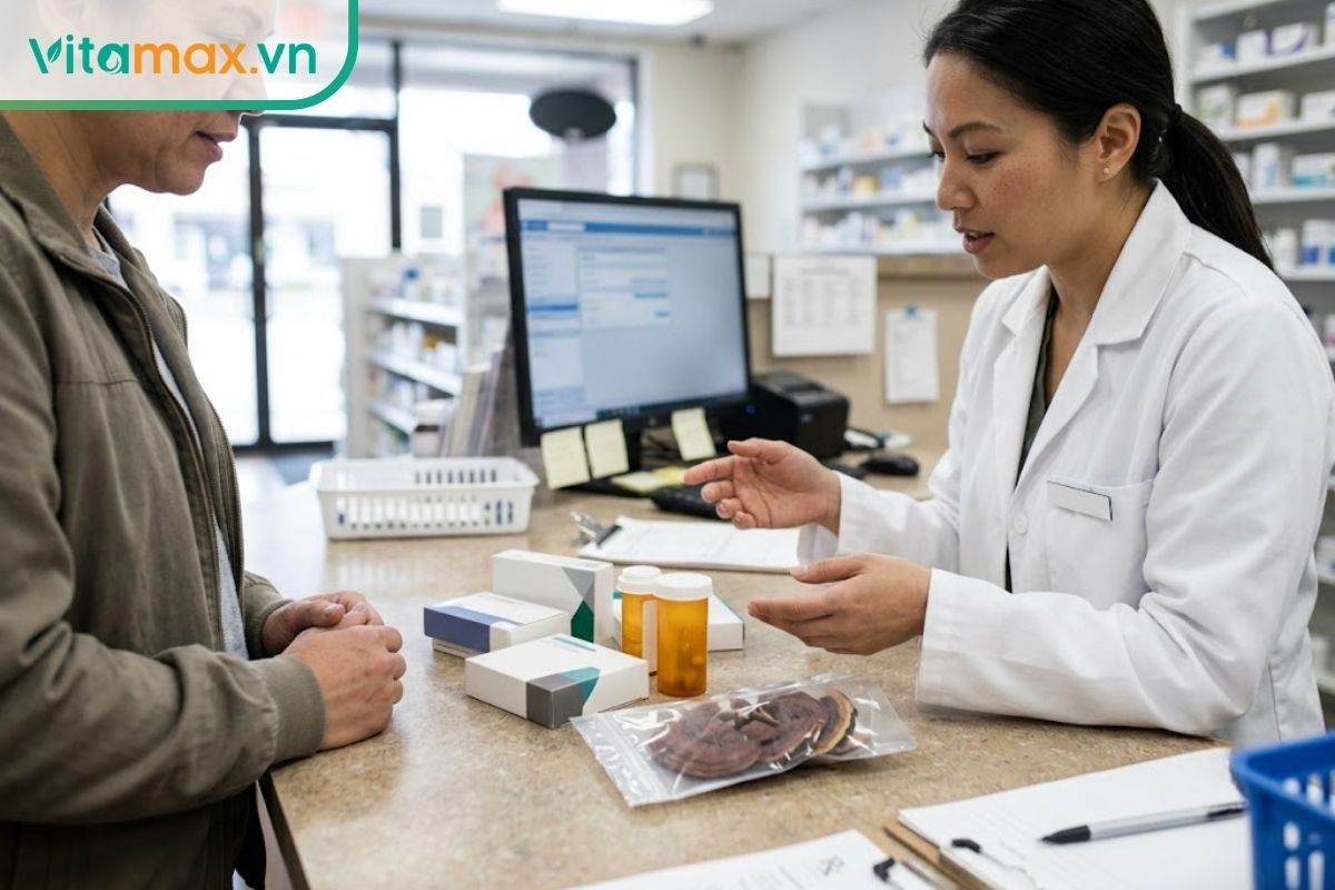 Dược sĩ trao đổi với khách về thuốc và nấm linh chi trên quầy, minh họa việc kiểm tra tương tác trước khi sử dụng.