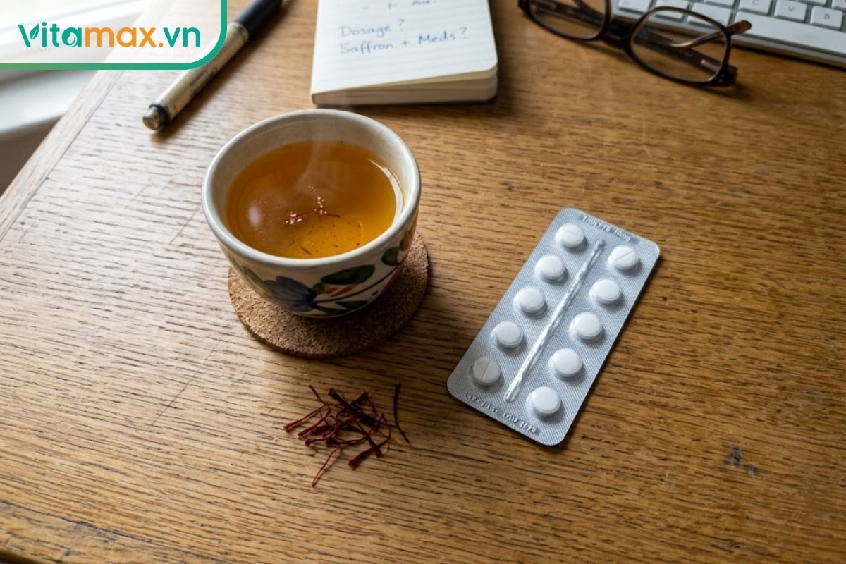 Hình ảnh tách trà nhụy hoa nghệ tây đặt cạnh các vỉ thuốc tây y, cảnh báo nguy cơ tương tác thuốc.