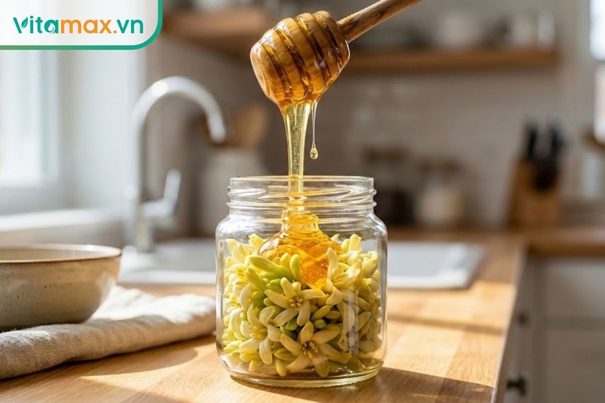 Hình ảnh dòng mật ong nguyên chất sánh đặc đang được rót vào hũ thủy tinh chứa đầy hoa đu đủ đực, đảm bảo mật ngập hoa.