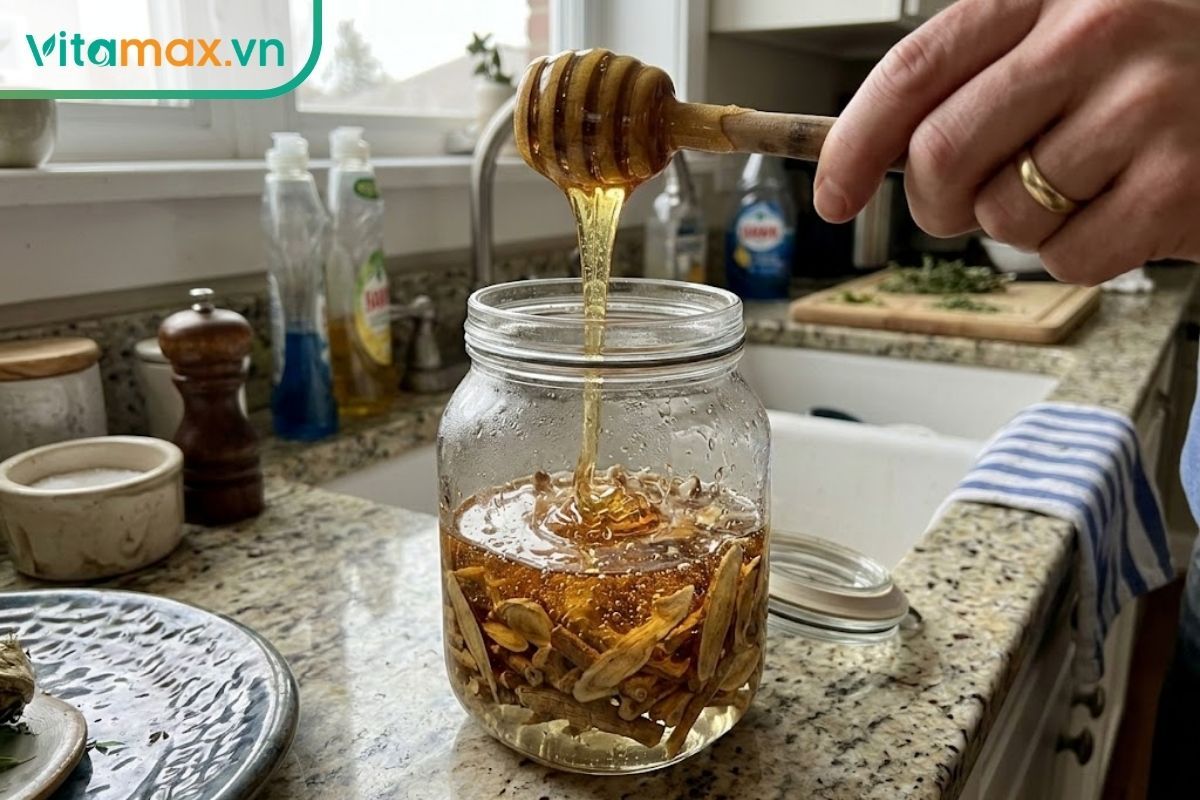 Rót mật ong nguyên chất vào bình thủy tinh đã chứa sẵn rễ đinh lăng và rượu nền.