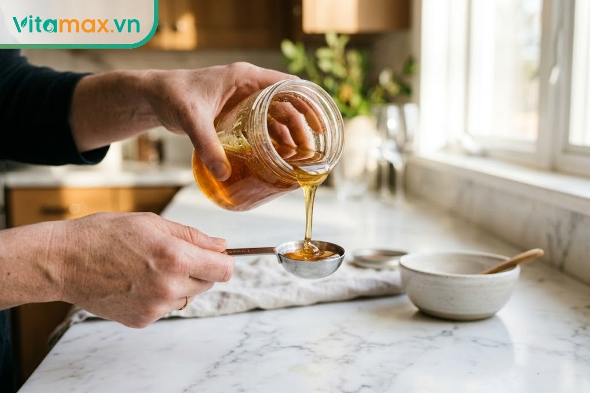 Cận cảnh một người đang rót mật ong nguyên chất từ lọ thủy tinh vào một chiếc thìa đong tiêu chuẩn trong không gian bếp buổi sáng.
