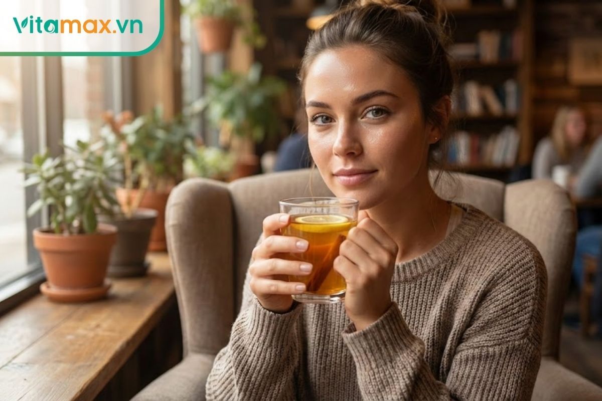 Phụ nữ có vóc dáng cân đối và làn da sáng đang uống nước bột quế mật ong để hỗ trợ tiêu hóa và kiểm soát cân nặng.