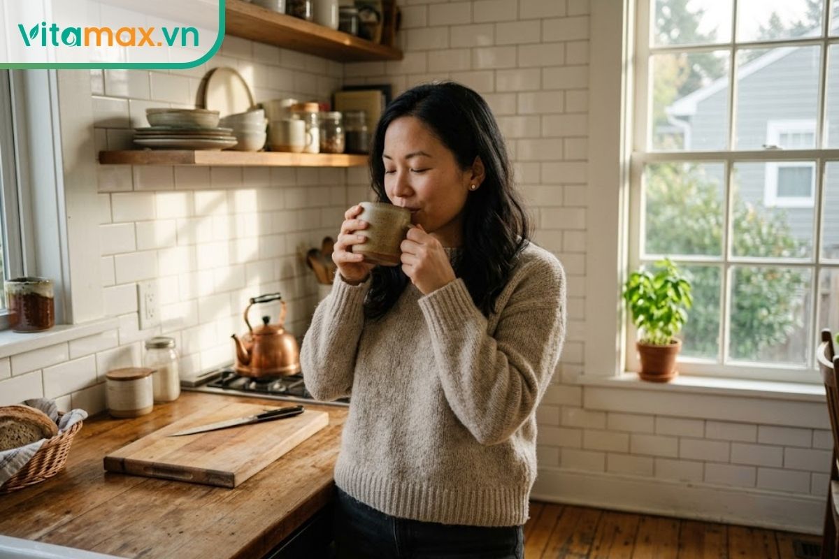 Một người phụ nữ đang đứng trong bếp vào buổi sáng, tay cầm cốc sứ chứa bột sắn dây ấm áp, biểu cảm thư giãn thoải mái.