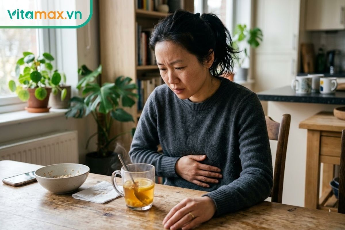 Một người cảm thấy khó chịu ở vùng thượng vị dạ dày sau khi uống chanh mật ong.