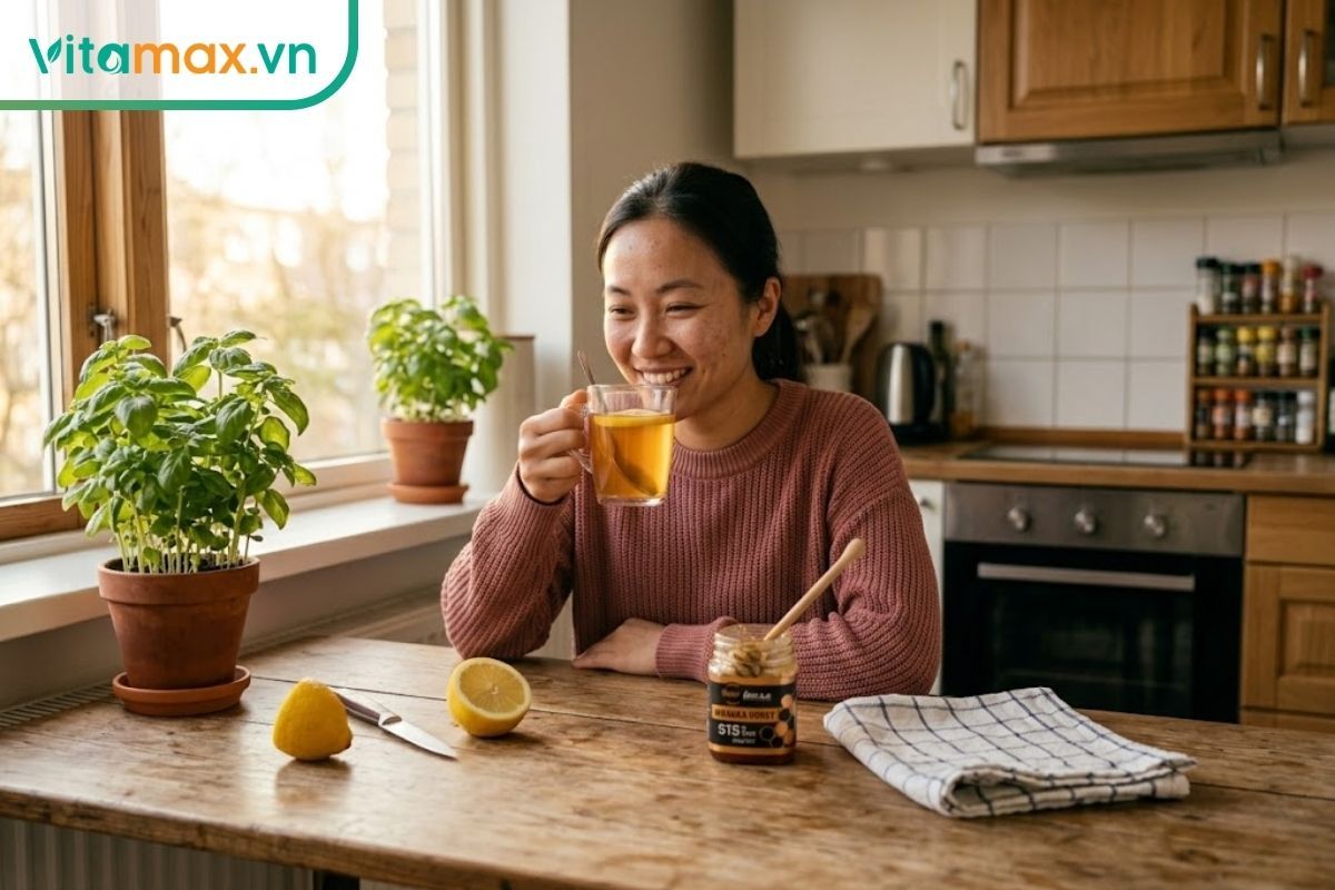 Một người phụ nữ Việt Nam tươi cười đang cầm một ly nước chanh mật ong ấm vào buổi sáng để hỗ trợ giảm mỡ bụng.