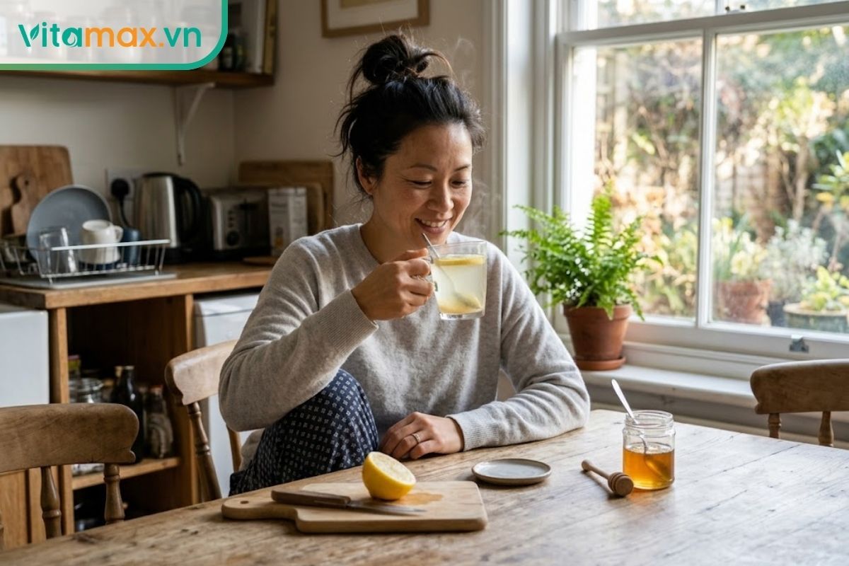 Một người phụ nữ đang uống ly nước chanh mật ong ấm vào buổi sáng sớm để hỗ trợ tiêu hóa và giảm mỡ bụng.