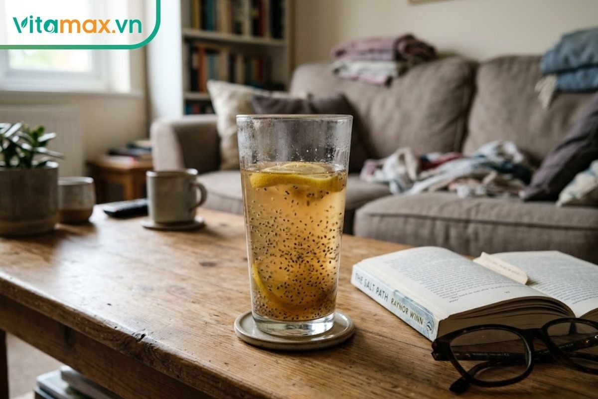 Cốc nước chanh mật ong pha cùng hạt chia đã ngâm nở đều, giúp tạo cảm giác no lâu hỗ trợ quá trình giảm mỡ bụng.