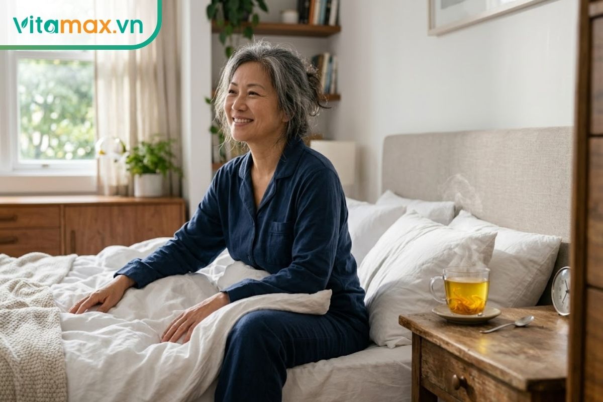 Người phụ nữ trung niên thức dậy sảng khoái vào buổi sáng bên cạnh ly trà đông trùng hạ thảo ấm trên bàn.