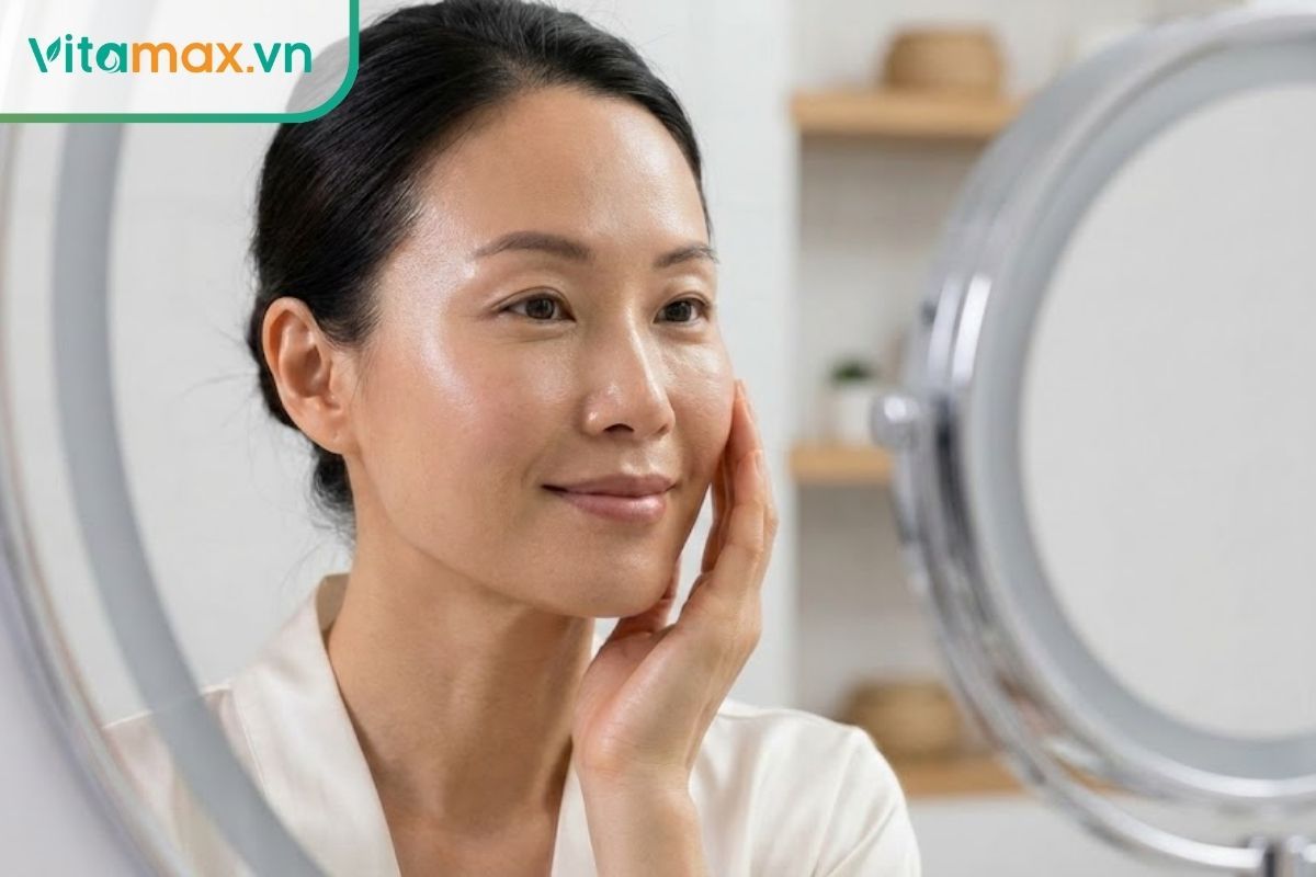 Làn da phụ nữ căng mịn và sáng khỏe nhờ bổ sung đông trùng hạ thảo chống oxy hóa.